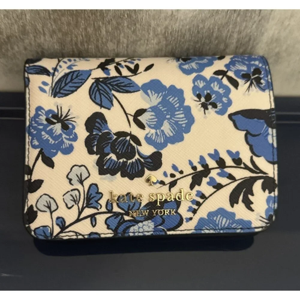 Kate Spade Madison Vase Floral Printed Med Blue White Leather  Wallet